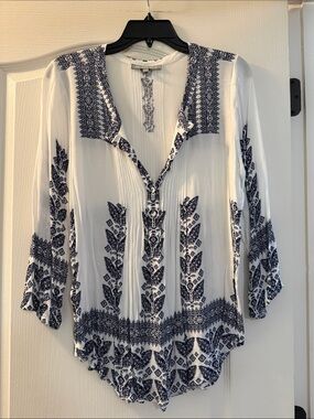 Daniel Rainn White Tunic with Navy Ethnic Print